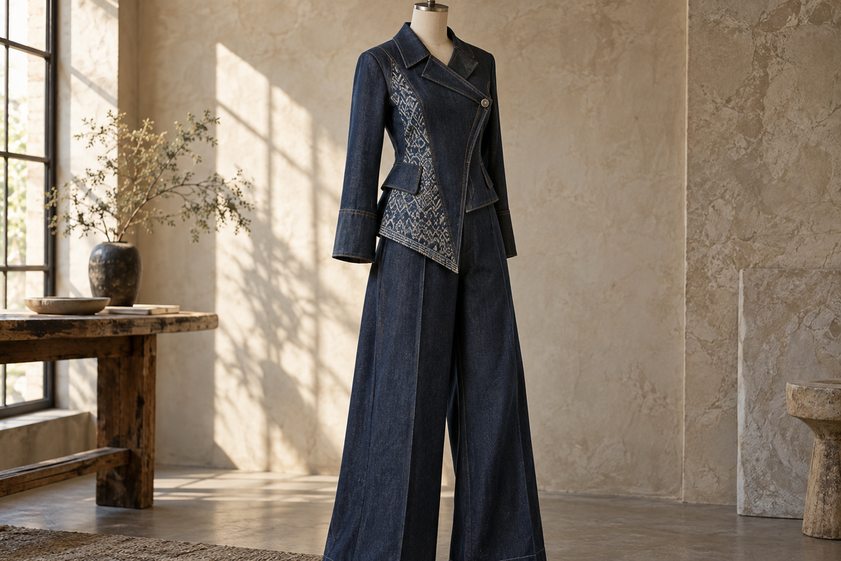 Custom denim design concept with asymmetric jacket, geometric inset and wide-leg trousers