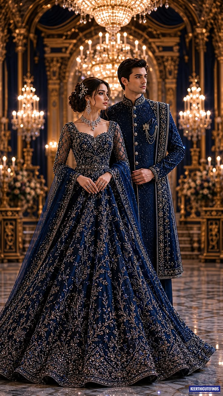 Couple wearing navy embroidered wedding reception outfits
