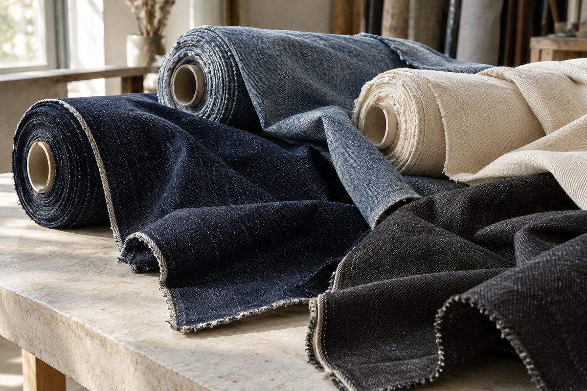 Denim material study with indigo, washed blue, ecru and charcoal fabrics