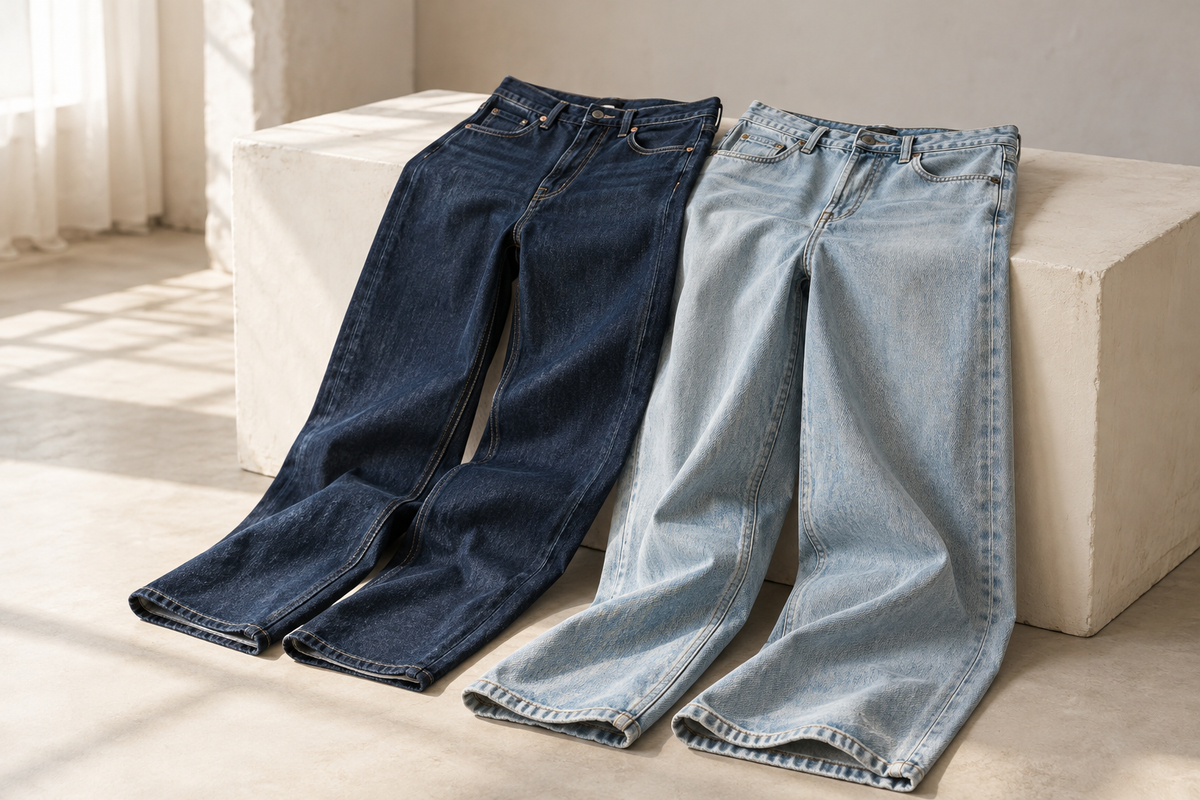 Denim trouser design study in deep indigo and faded blue