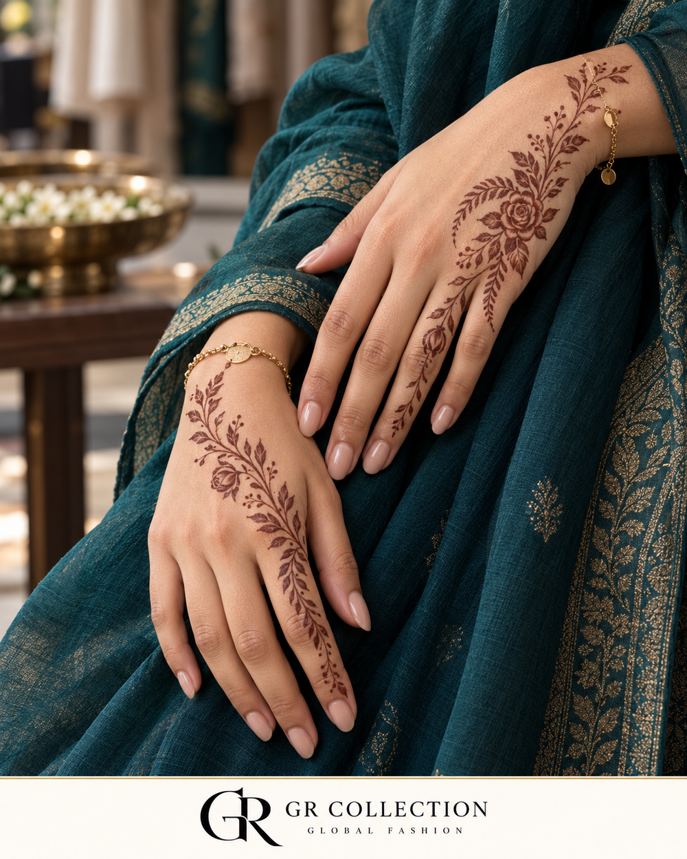 GR Collection design concept: fine floral henna and mehndi on hands against petrol-green silk.