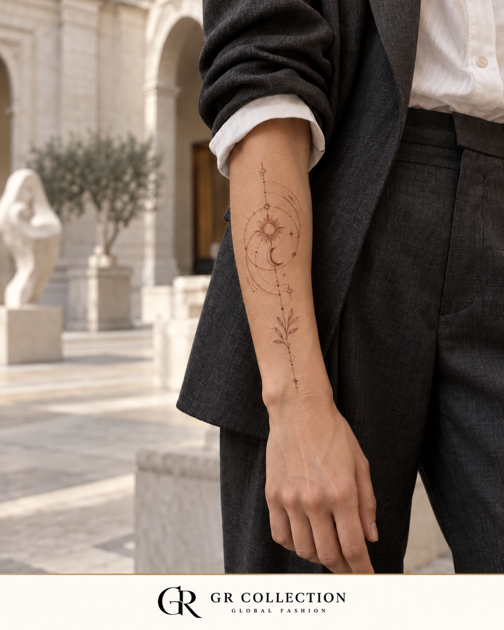 GR Collection design concept: fine-line sun, moon and celestial body art on a forearm.