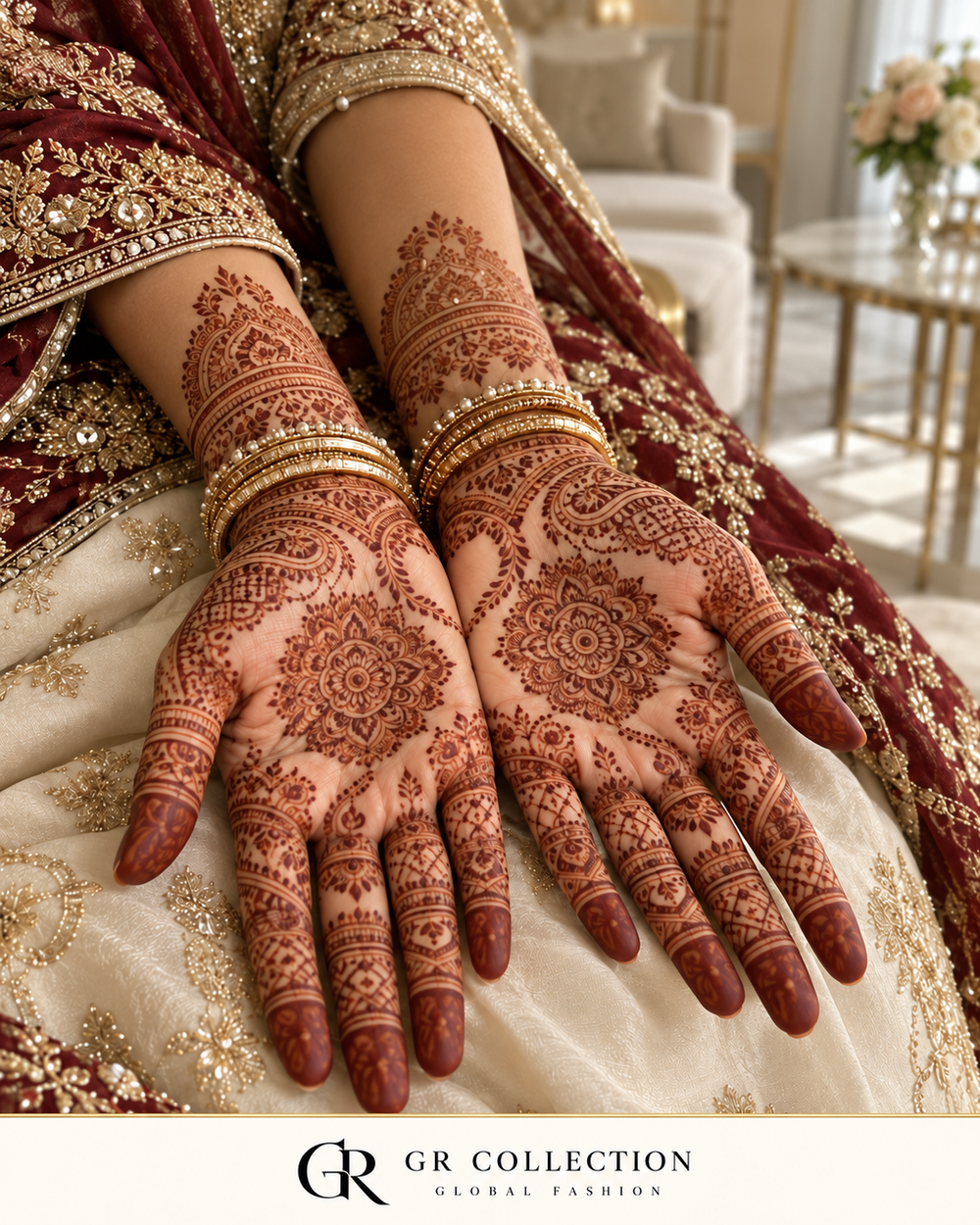 GR Collection design concept: intricate desi bridal mehndi on palms, fingers and wrists.