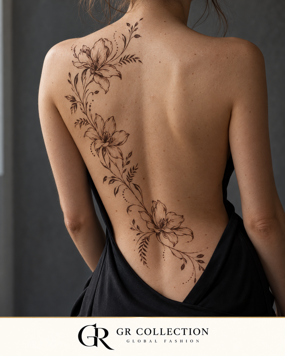 GR Collection design concept: an asymmetrical magnolia floral temporary back piece.