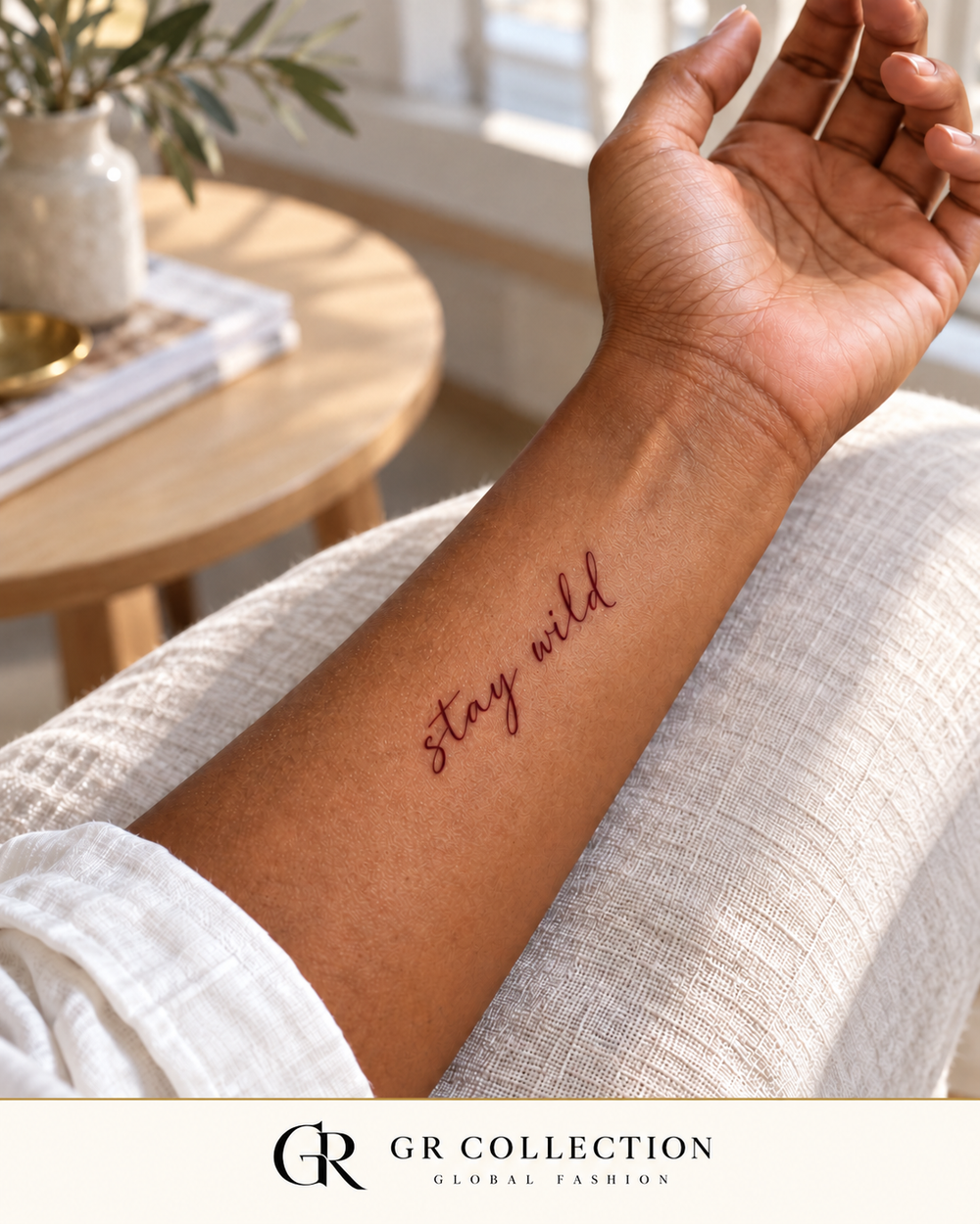GR Collection design concept: stay wild calligraphy in burgundy temporary body art.
