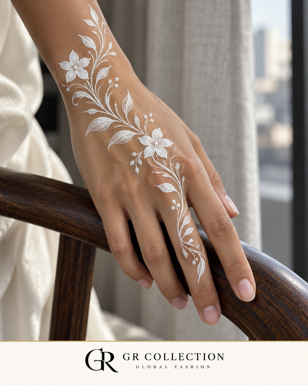 GR Collection design concept: a white jasmine vine painted across a hand and wrist.