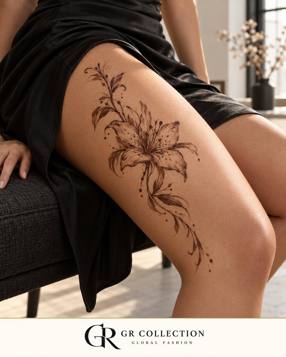 GR Collection design concept: a fine floral temporary body-art piece on the outer thigh.