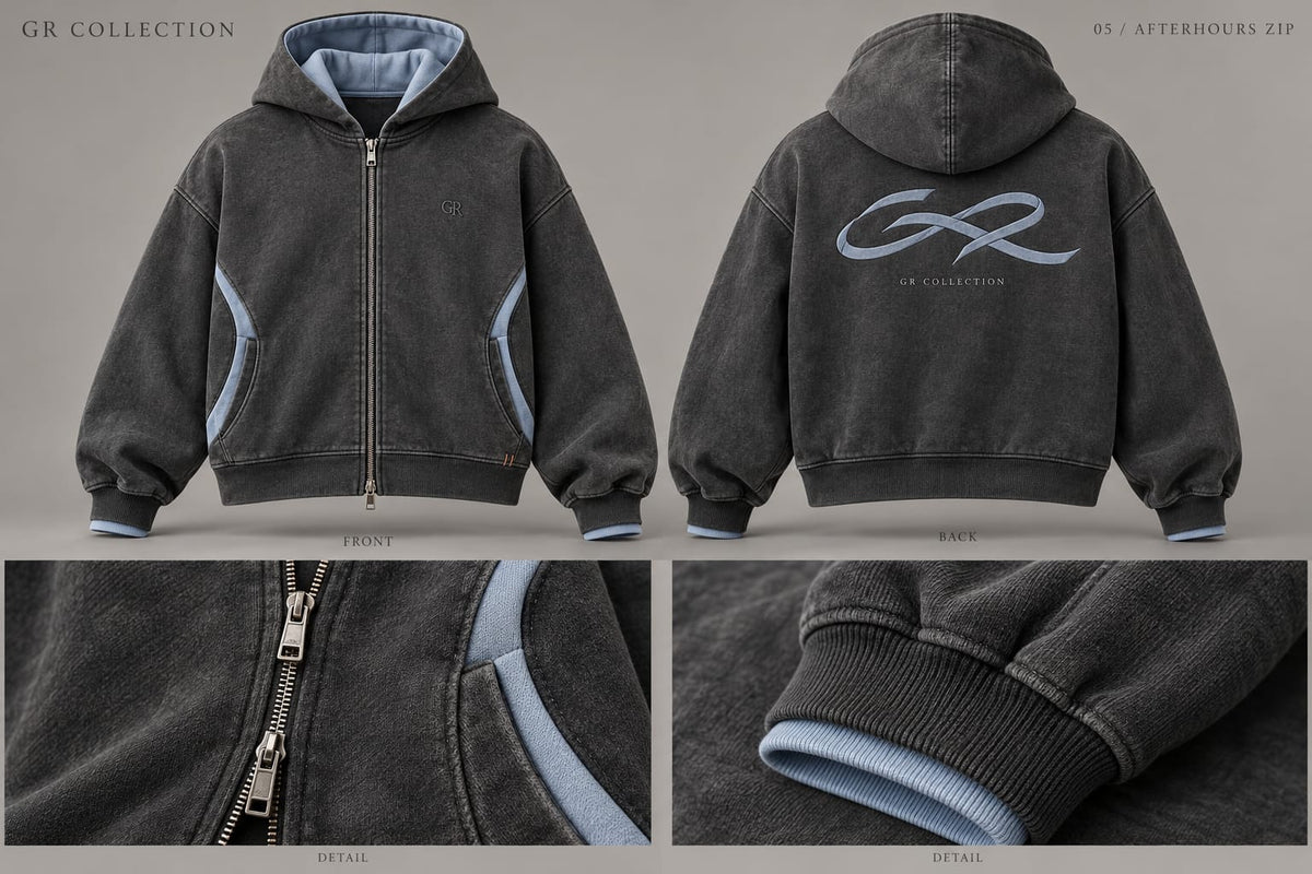Afterhours Zip — front, back and detail design views