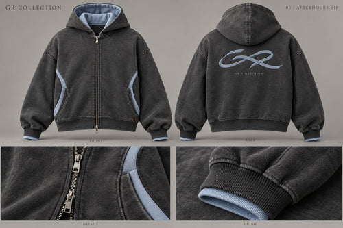 Afterhours Zip — front, back and detail design views