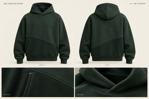 Arc Hoodie — front, back and detail design views