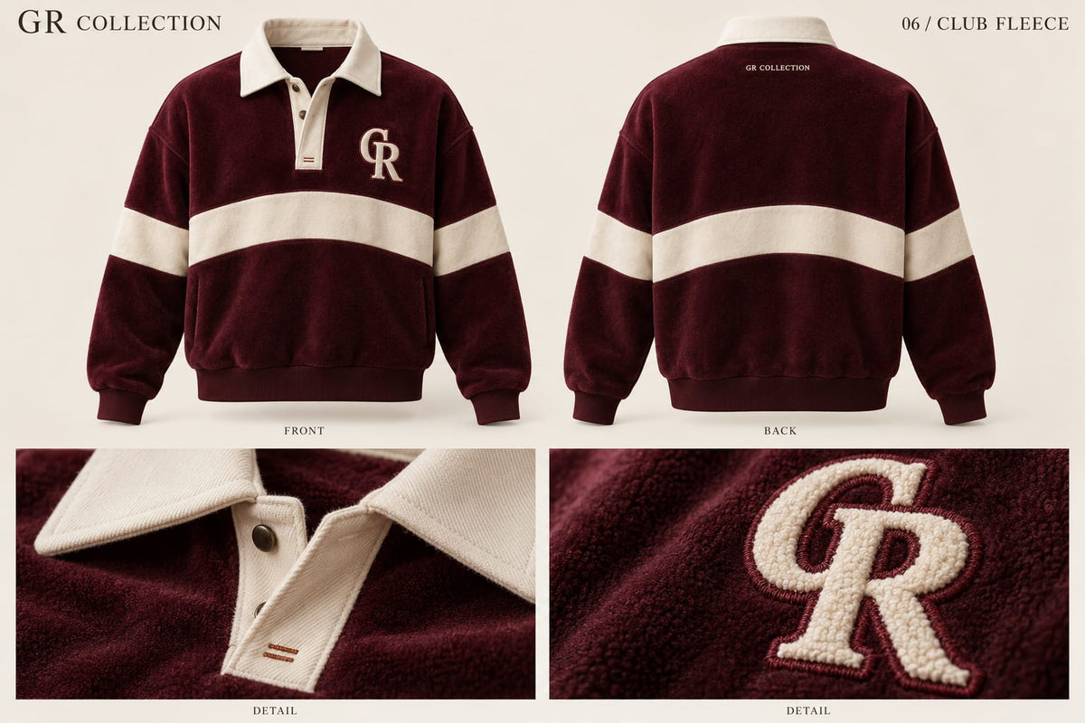 Club Fleece — front, back and detail design views