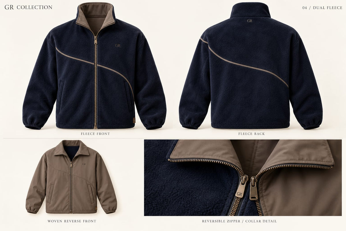 Dual Fleece — front, back and detail design views