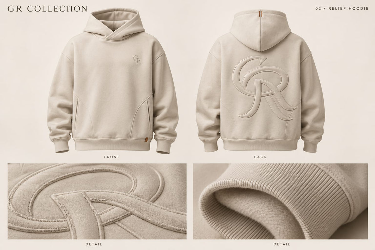 Relief Hoodie — front, back and detail design views