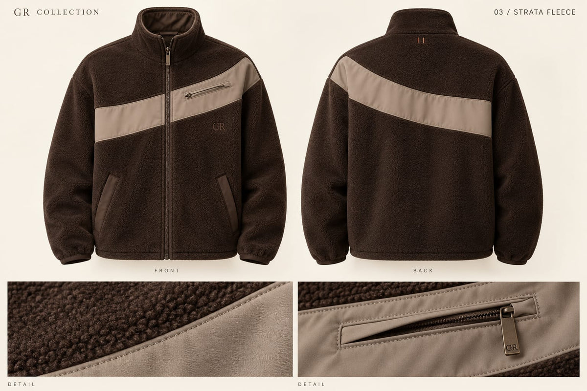 Strata Fleece — front, back and detail design views