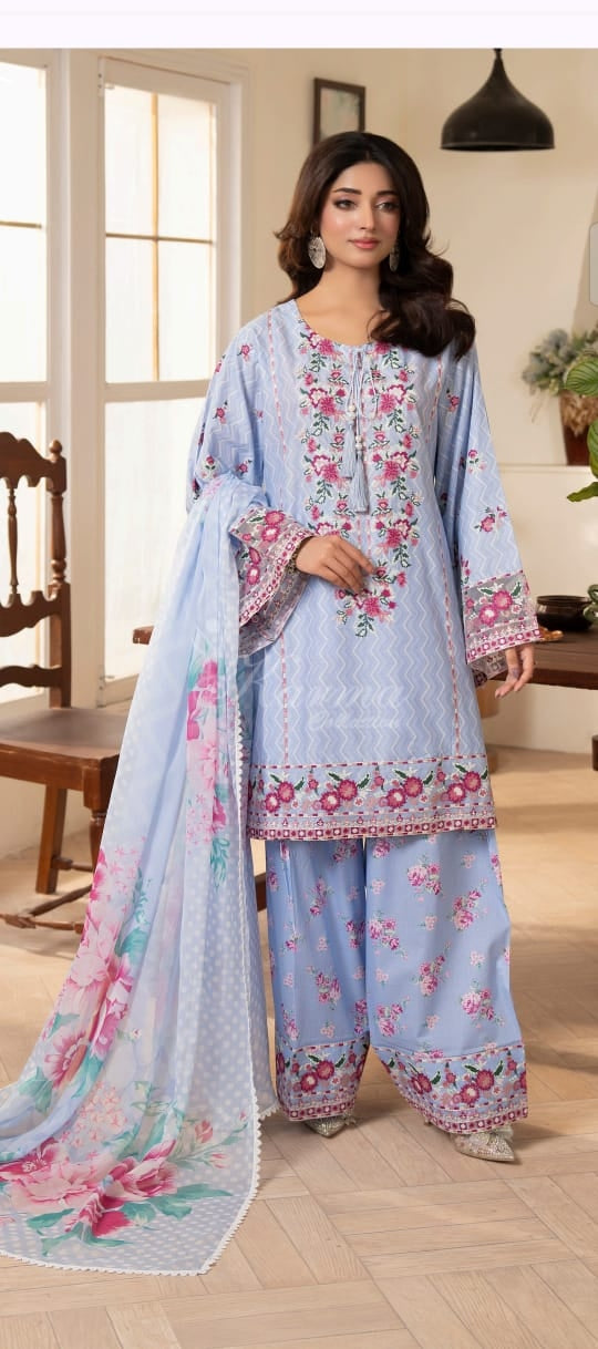 Powder blue Pakistani three-piece suit with floral borders and matching dupatta