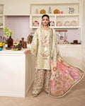 Sage Pakistani three-piece suit with rose floral dupatta