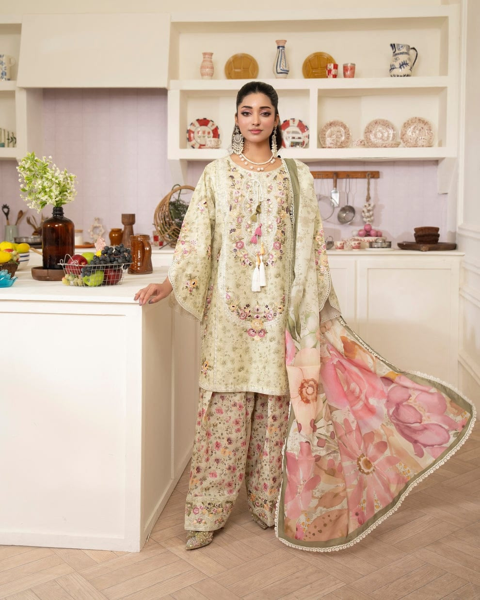 Sage Pakistani three-piece suit with rose floral dupatta