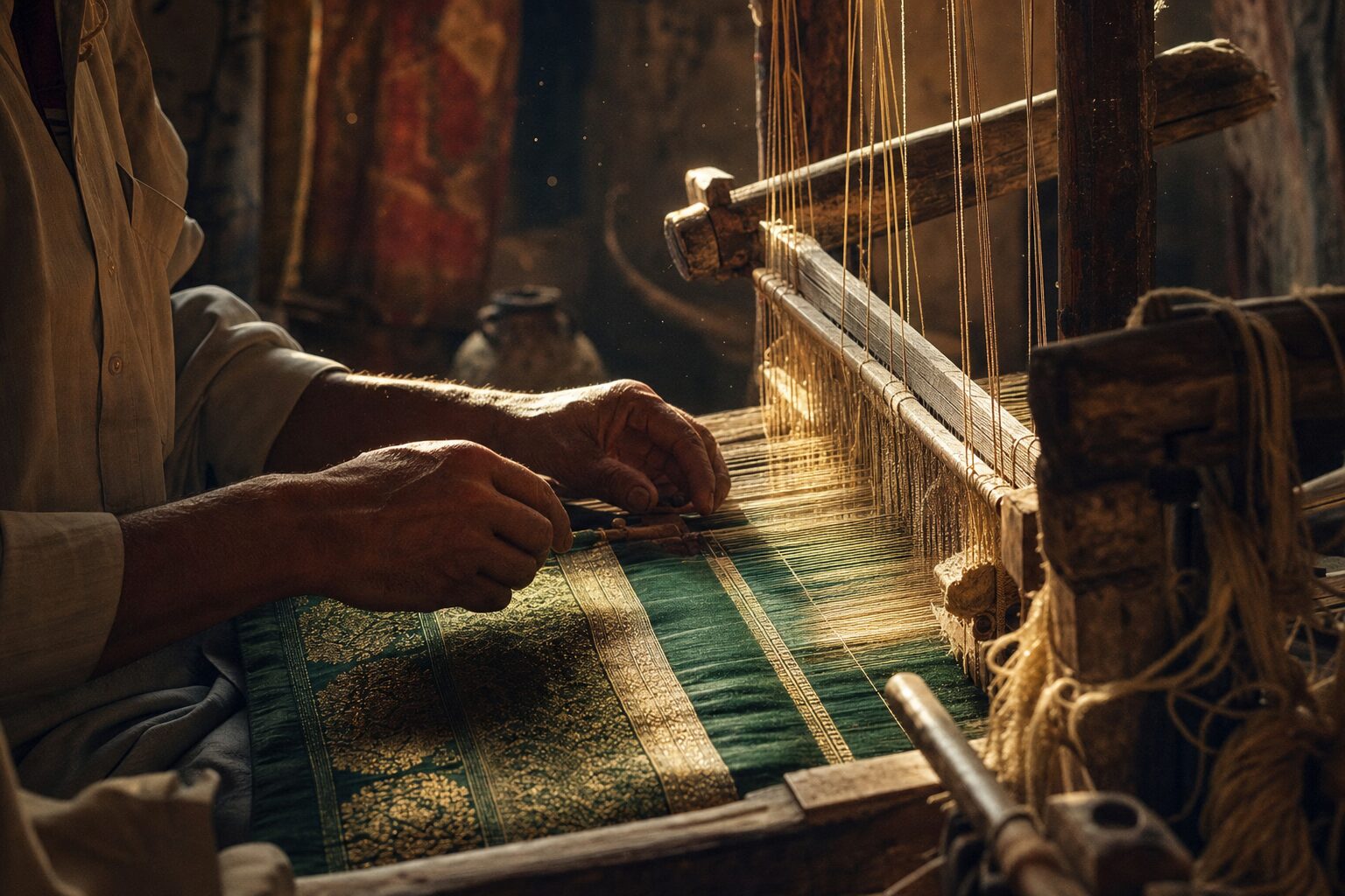 Artisan weaving green and gold textile on a traditional handloom