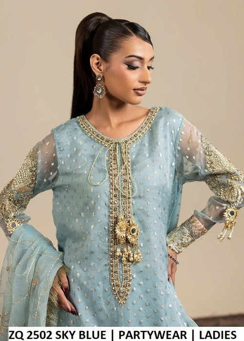 Sky blue embroidered partywear outfit detail