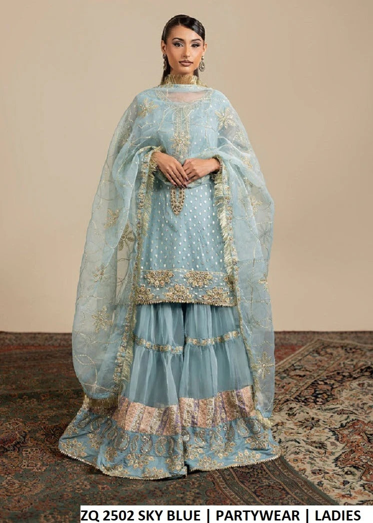 Sky blue embroidered partywear set full look