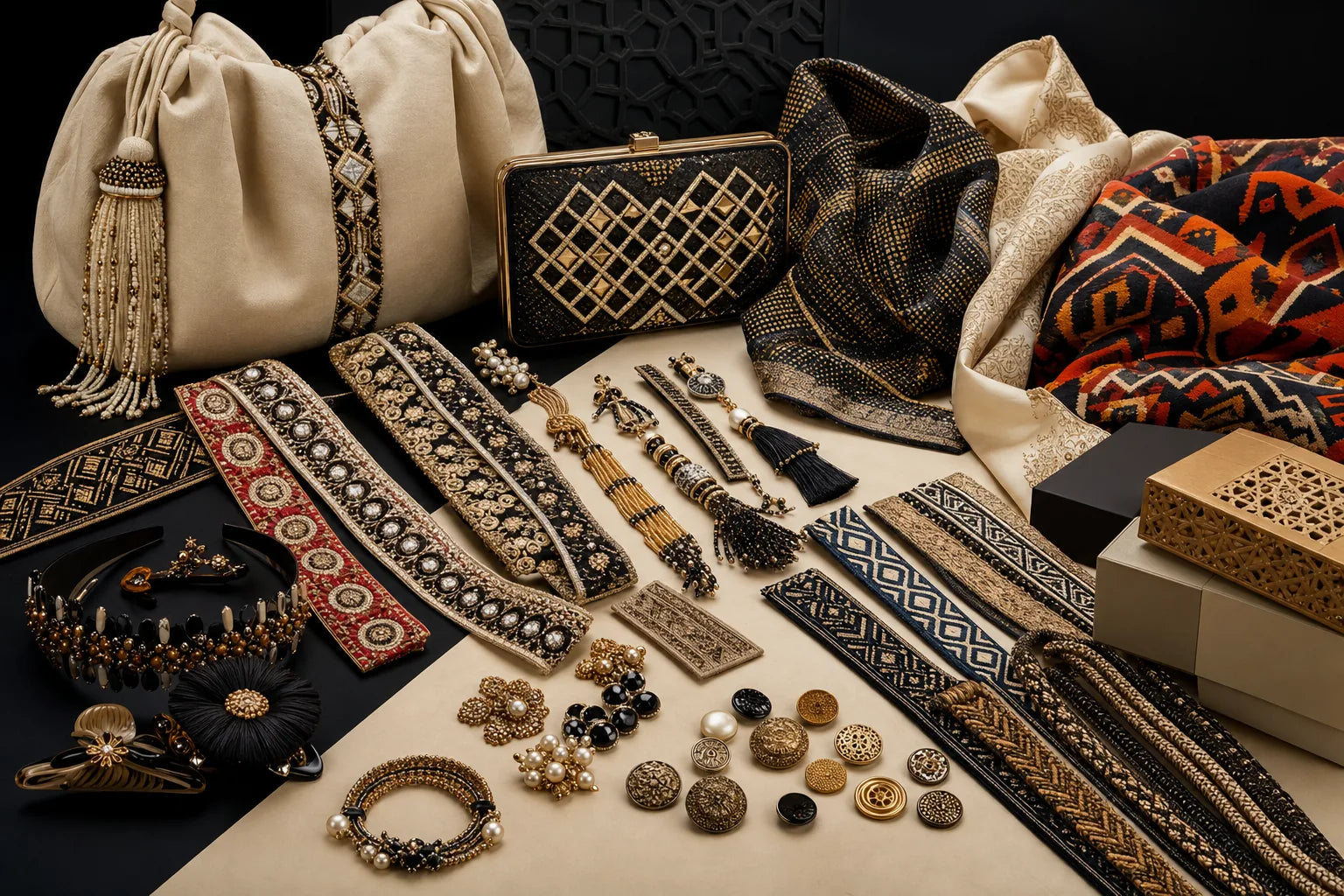 A studio arrangement of trims, textile bags, scarves, jewellery and custom accessory components