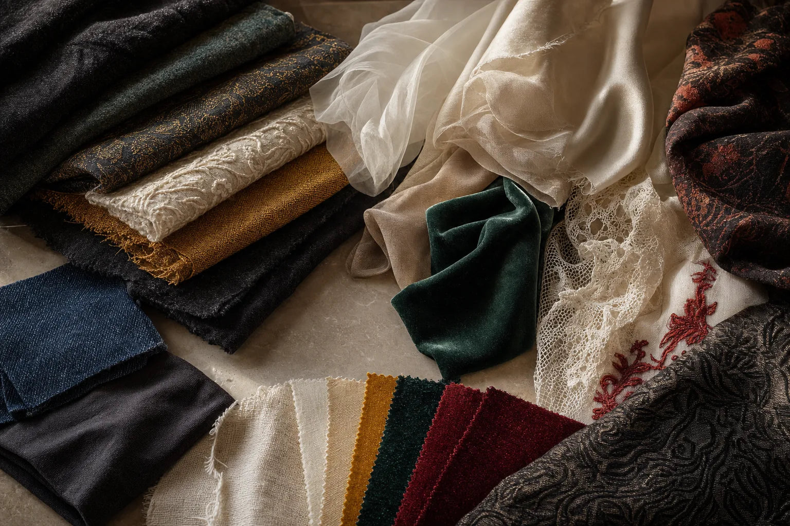 A curated library of woven, sheer, embroidered and structured fabric samples