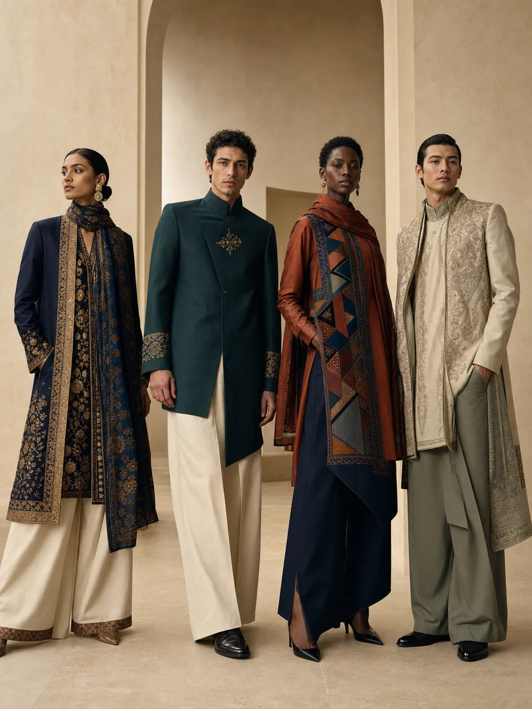 Four adult models in contemporary tailored looks with embroidered and geometric textile details