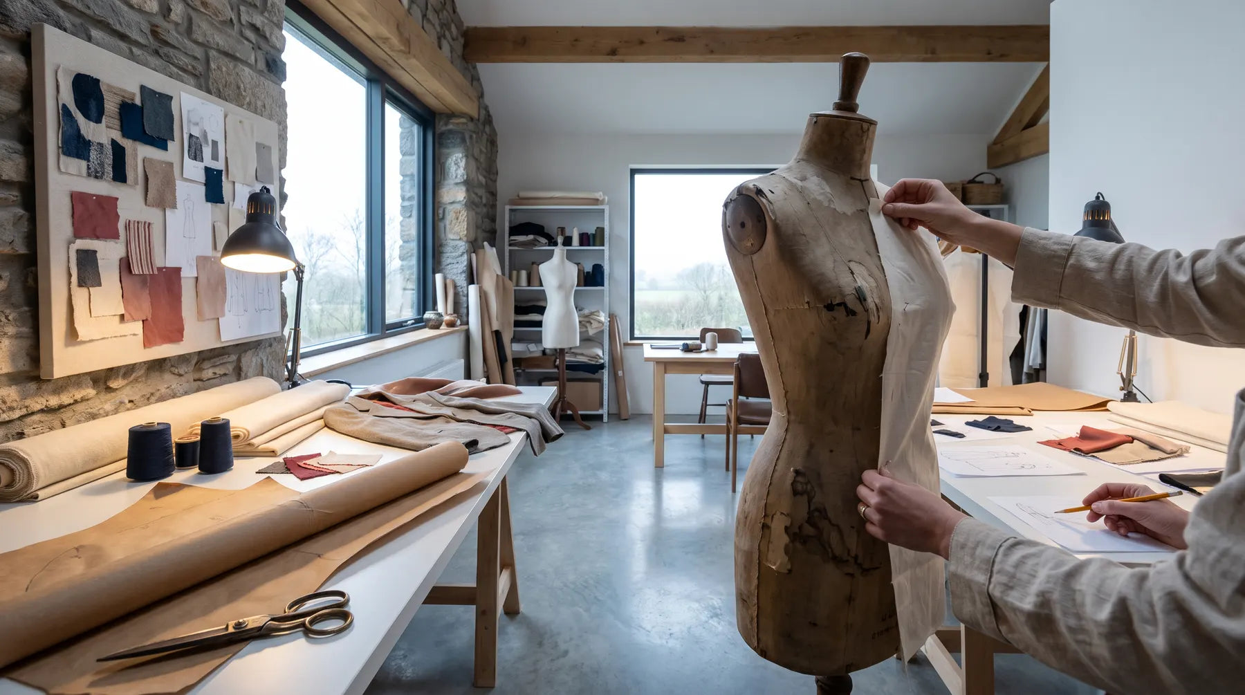 Contemporary Irish fashion studio with a dress form, patterns and material samples