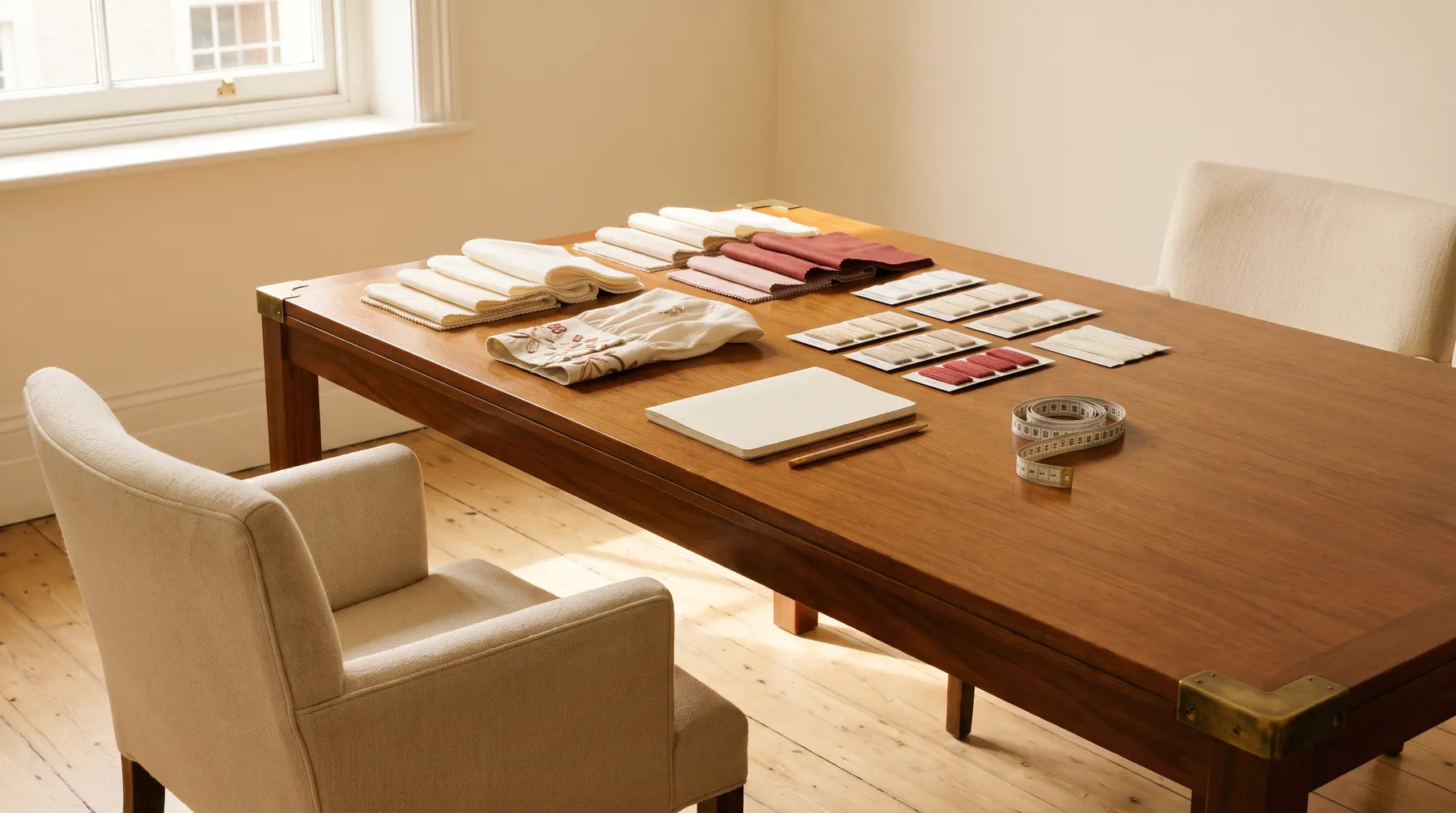 Private fashion consultation table with fabric samples and tailoring tools