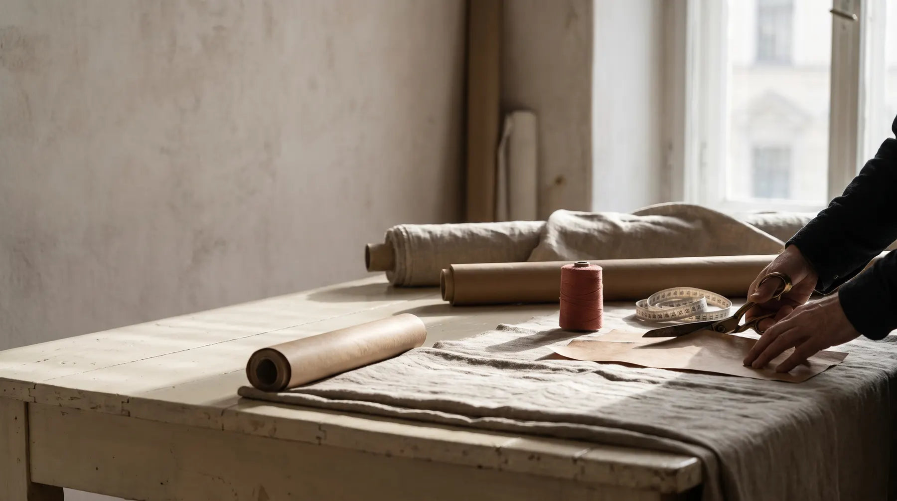 Pattern cutting and fabric preparation in a quiet fashion atelier