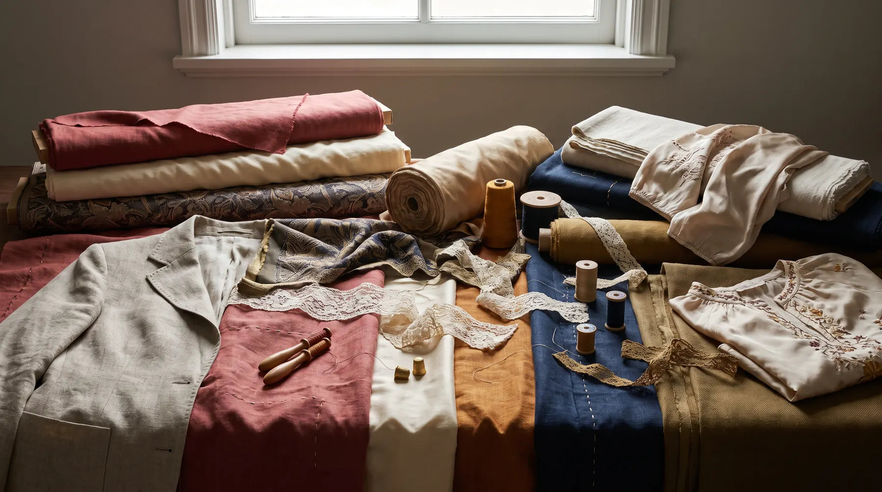 Global textile materials, embroidery, lace and tailored garments arranged in a studio