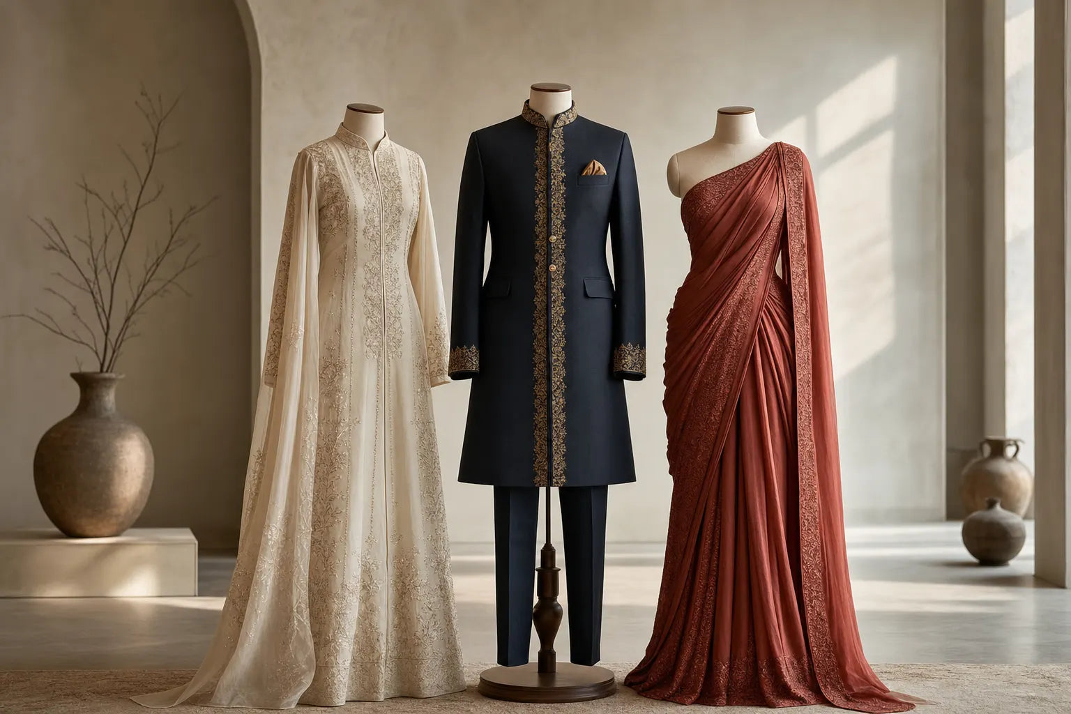 Three coordinated ivory, ink and madder occasionwear looks on dress forms