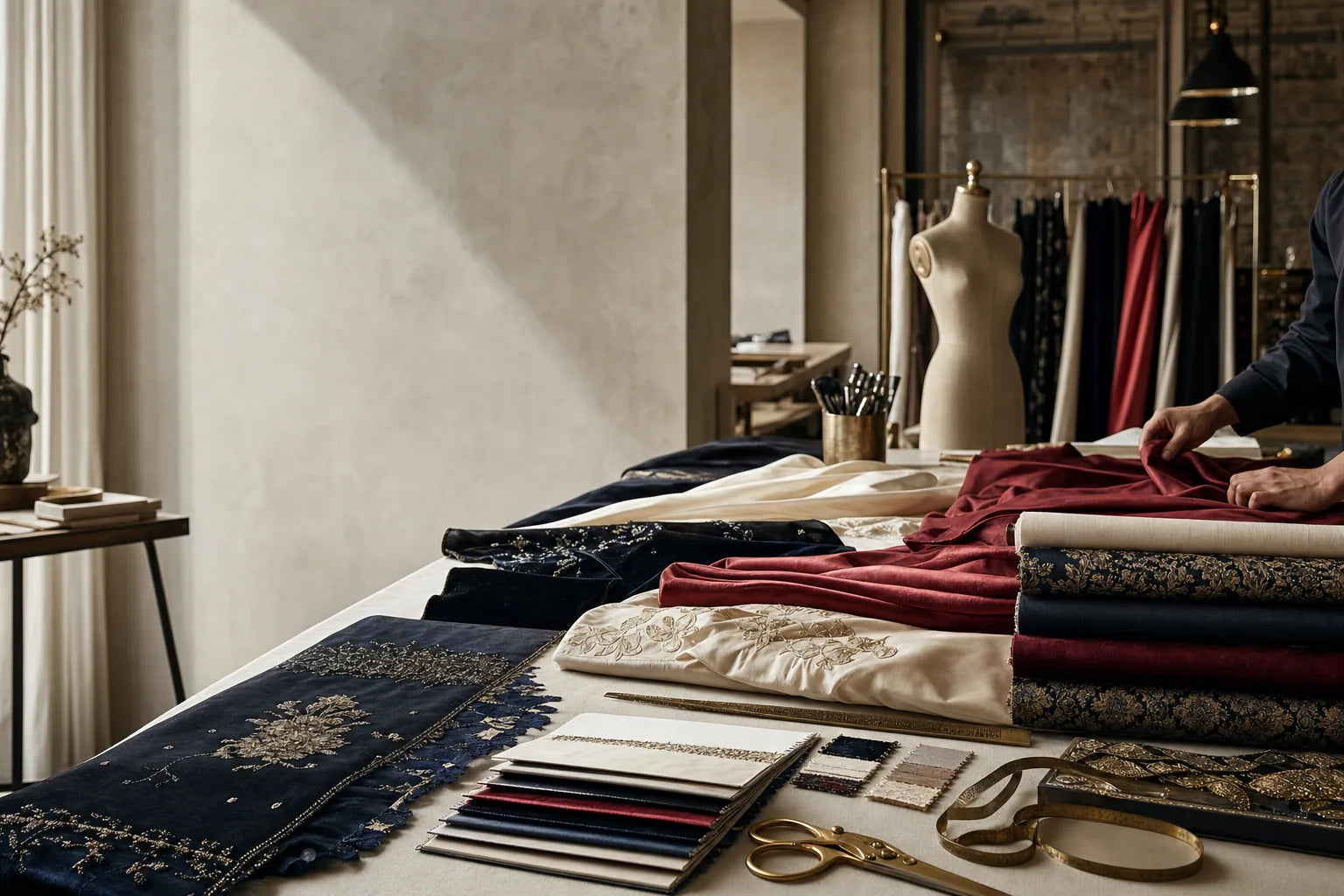 A contemporary fashion atelier with textile rolls, embroidered fabrics and swatch books